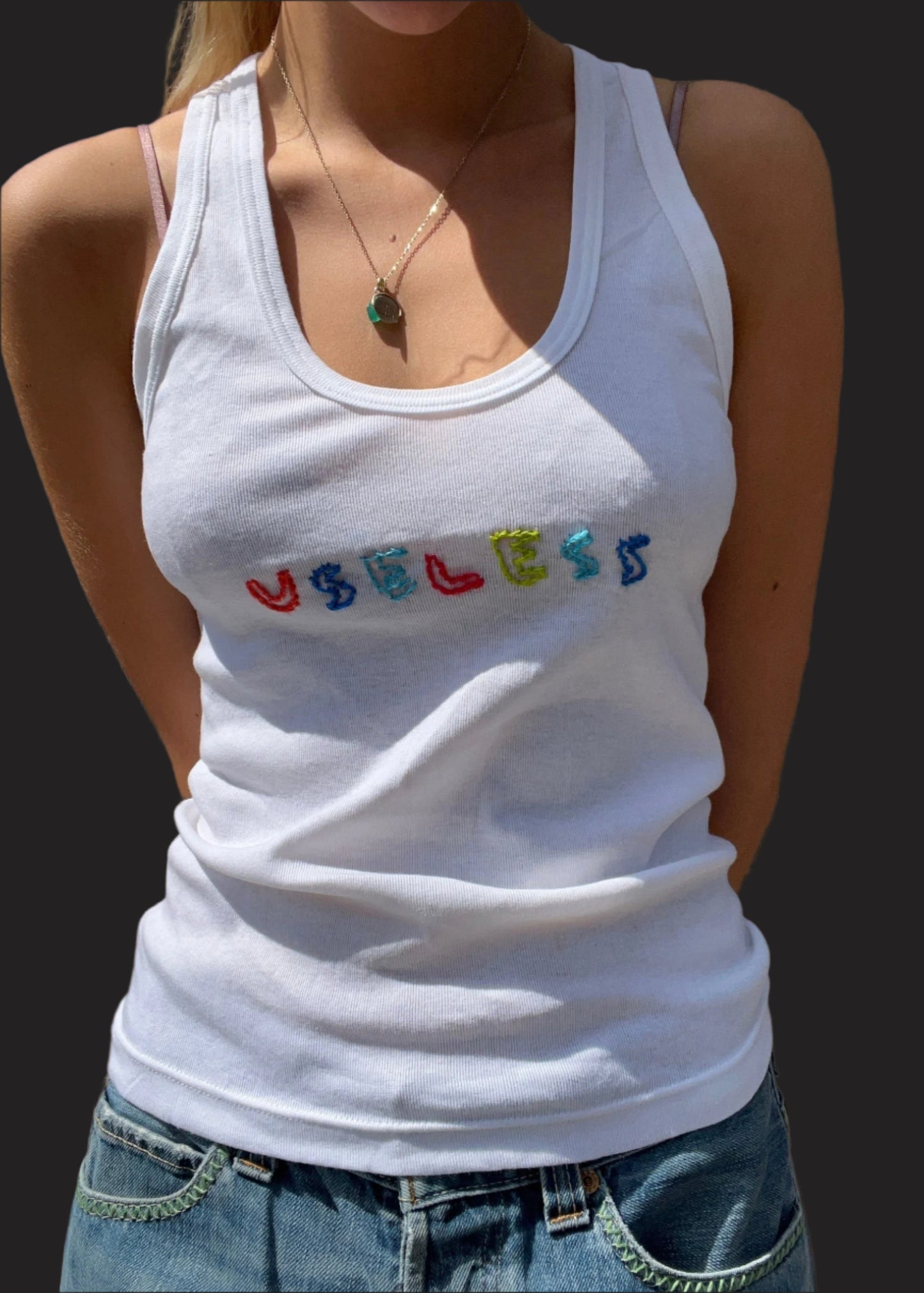 70s White Tank with Hand Embroidered Motif