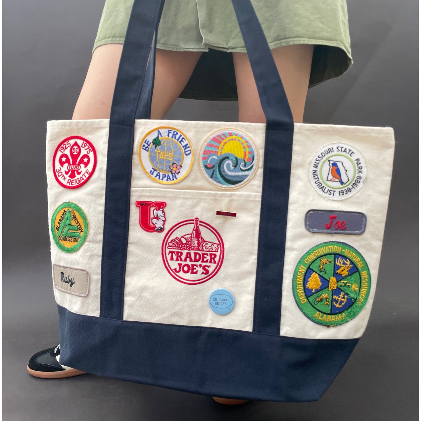 Vintage-Patched Trader Joes Tote L