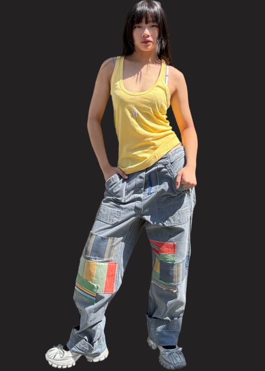 Yellow Racer Back Tank + Floral Embroidery