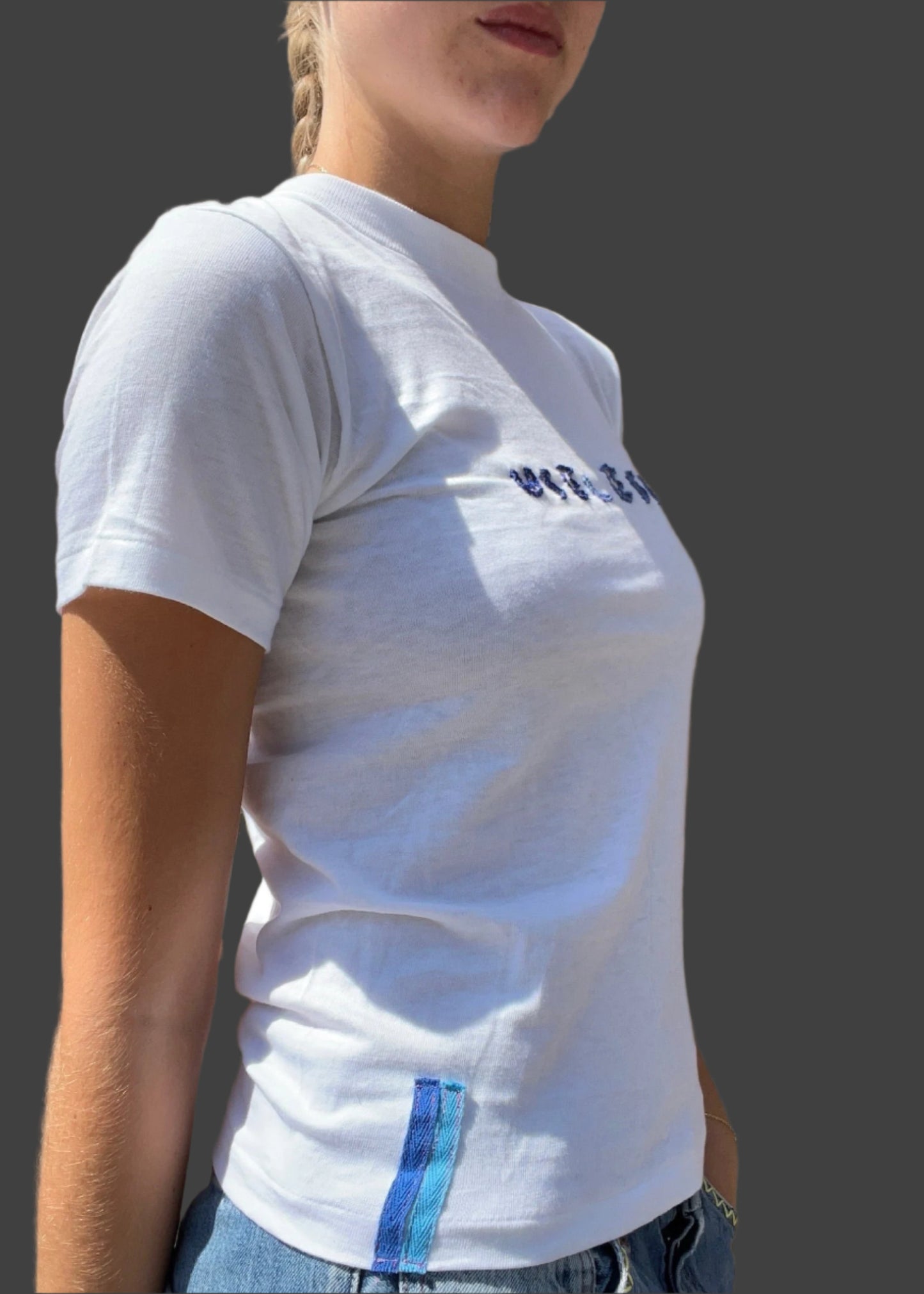 White T Shirt Blue/Blue Embroidery + Blue Tab