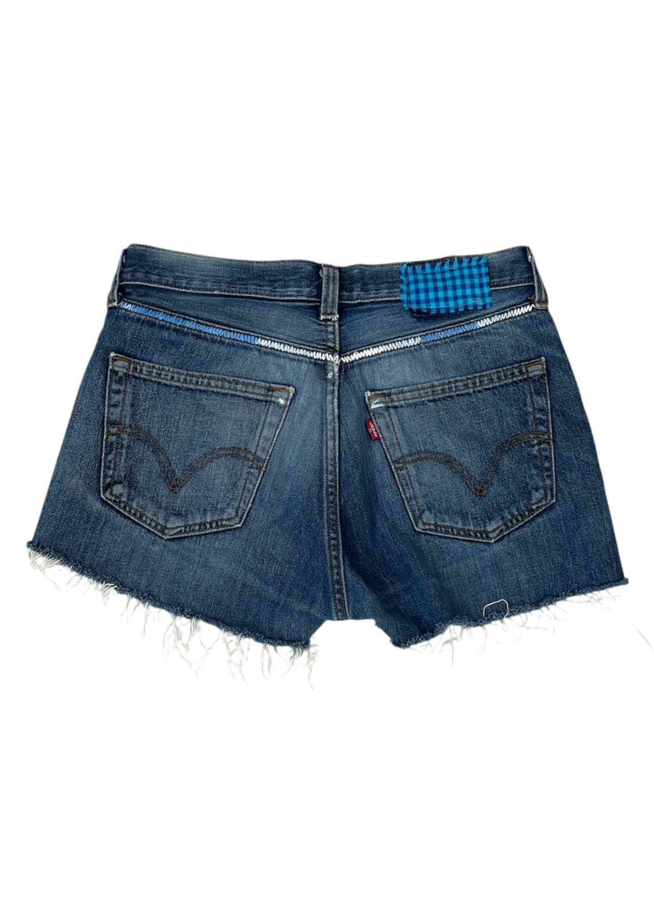 Levi's Dark Wash Cut-Offs with Blue Gingham Patch