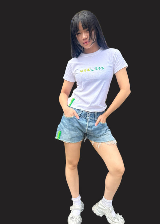 White T Shirt Green/Green Embroidery