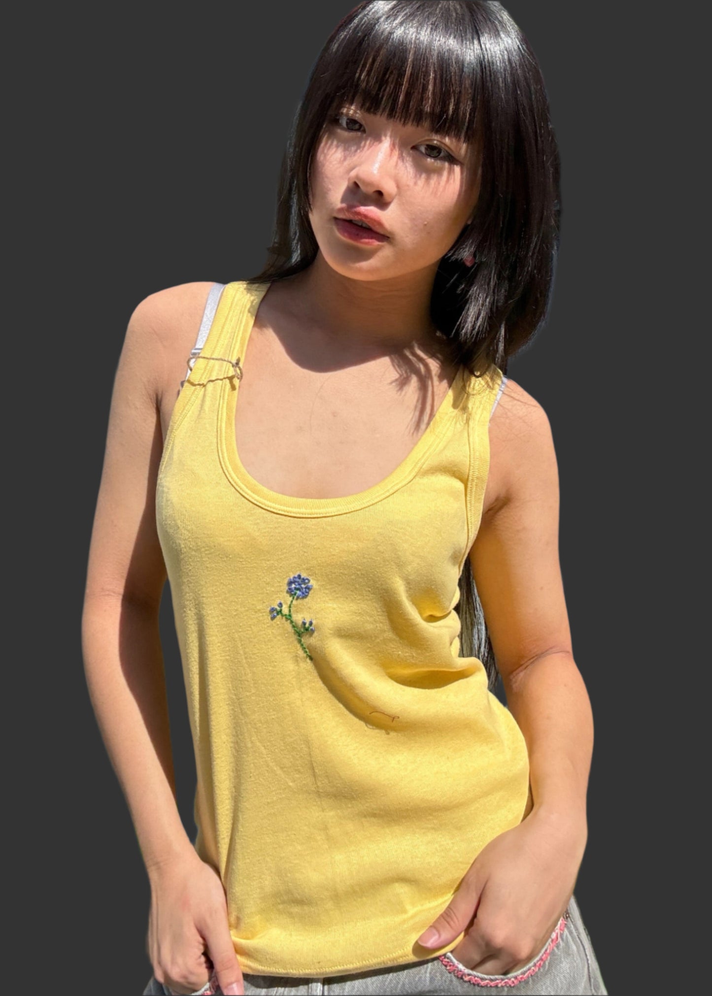 Yellow Racer Back Tank + Floral Embroidery