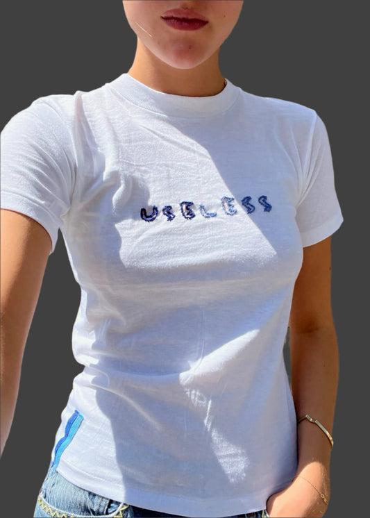 White T Shirt Blue/Blue Embroidery + Blue Tab