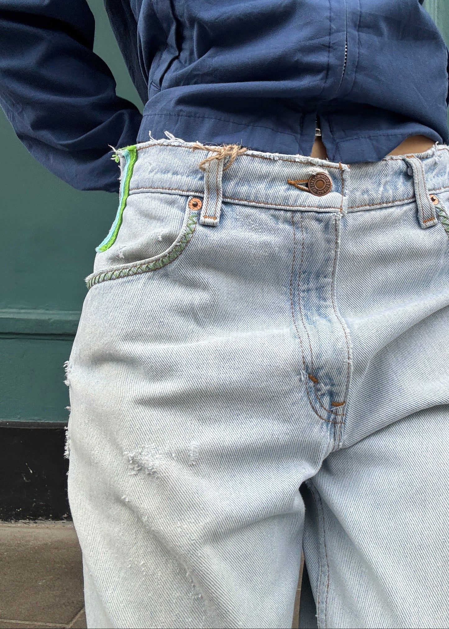 Pale Blue Levis Zig Zag Stitching