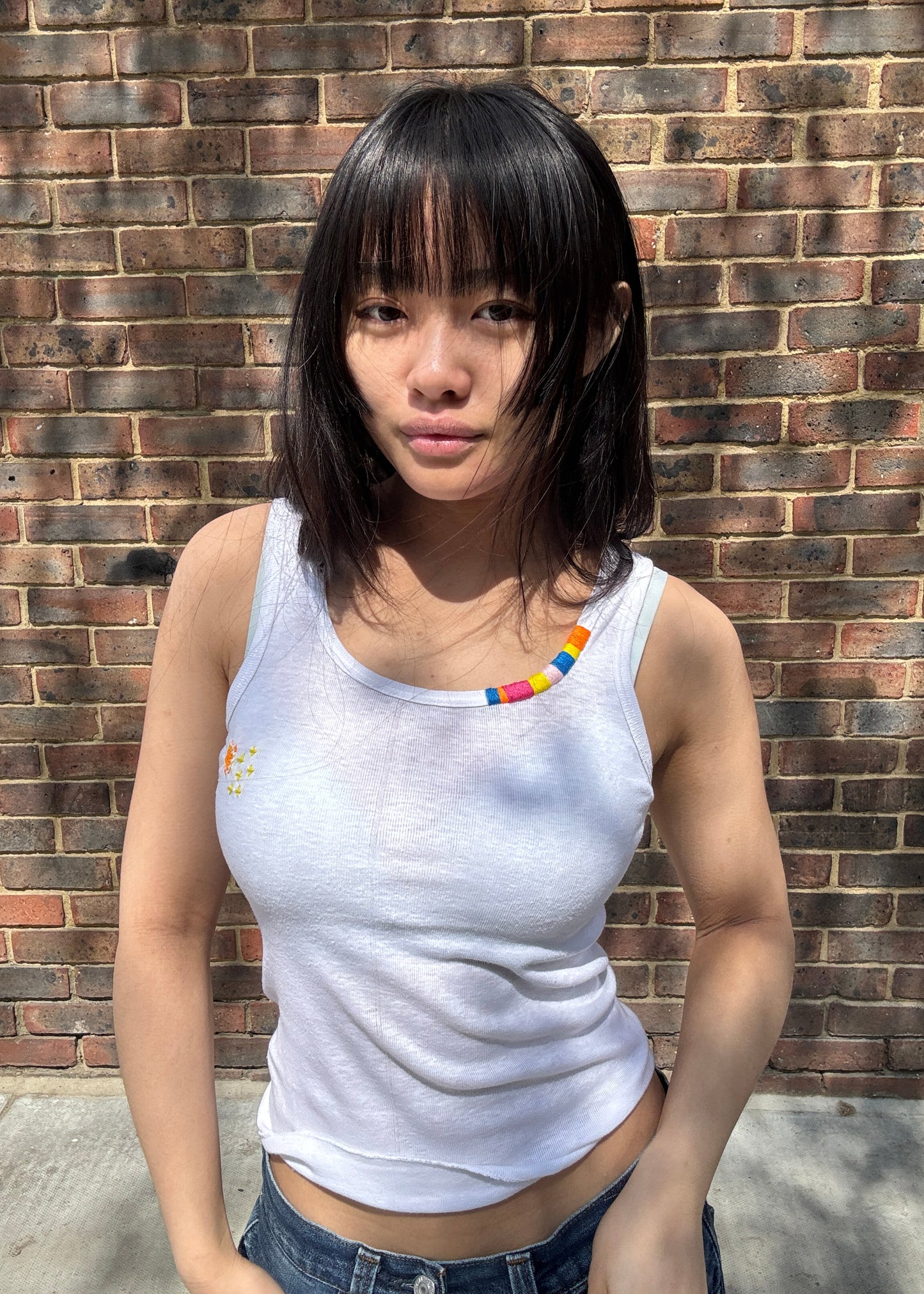 White Tank With Embroidered Neckline and Darning