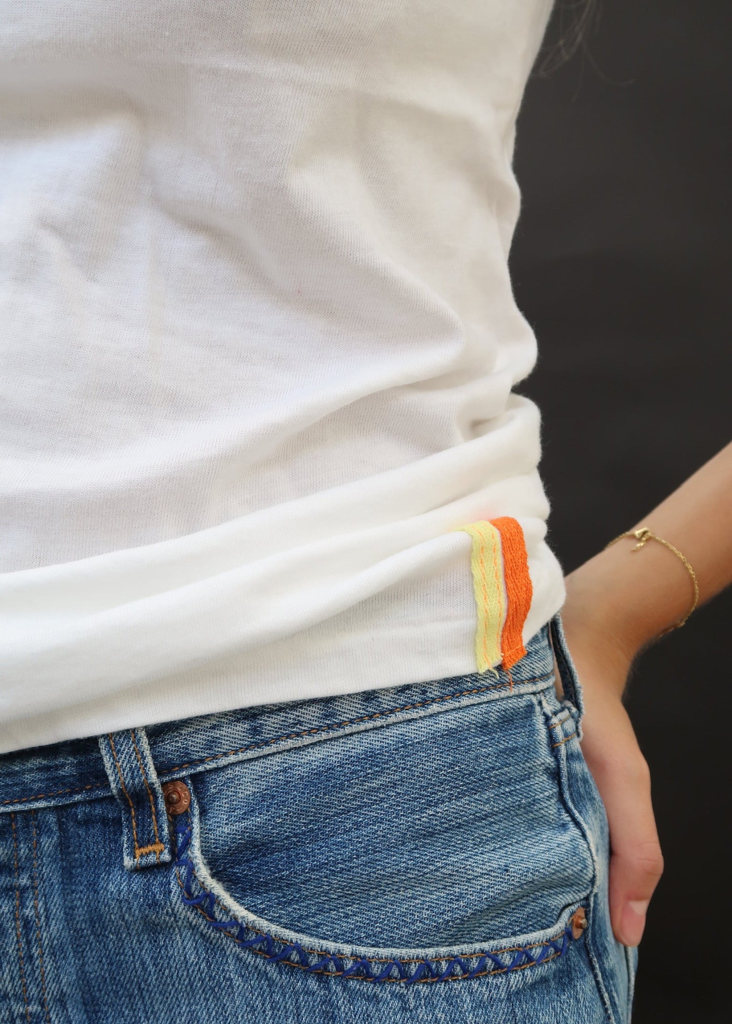 White T Shirt with Green and Orange Embroidery