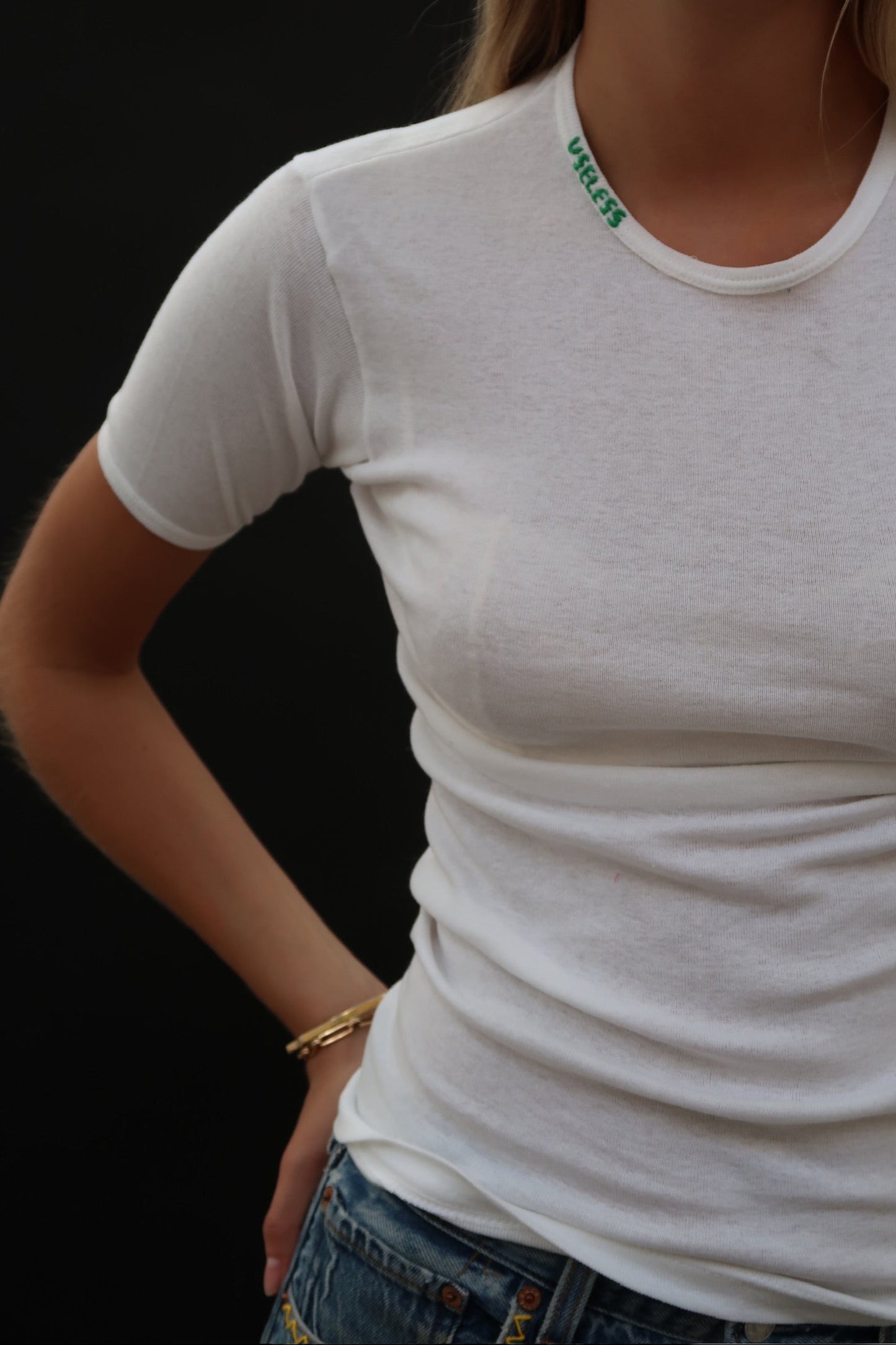 White T Shirt with Green Embroidery