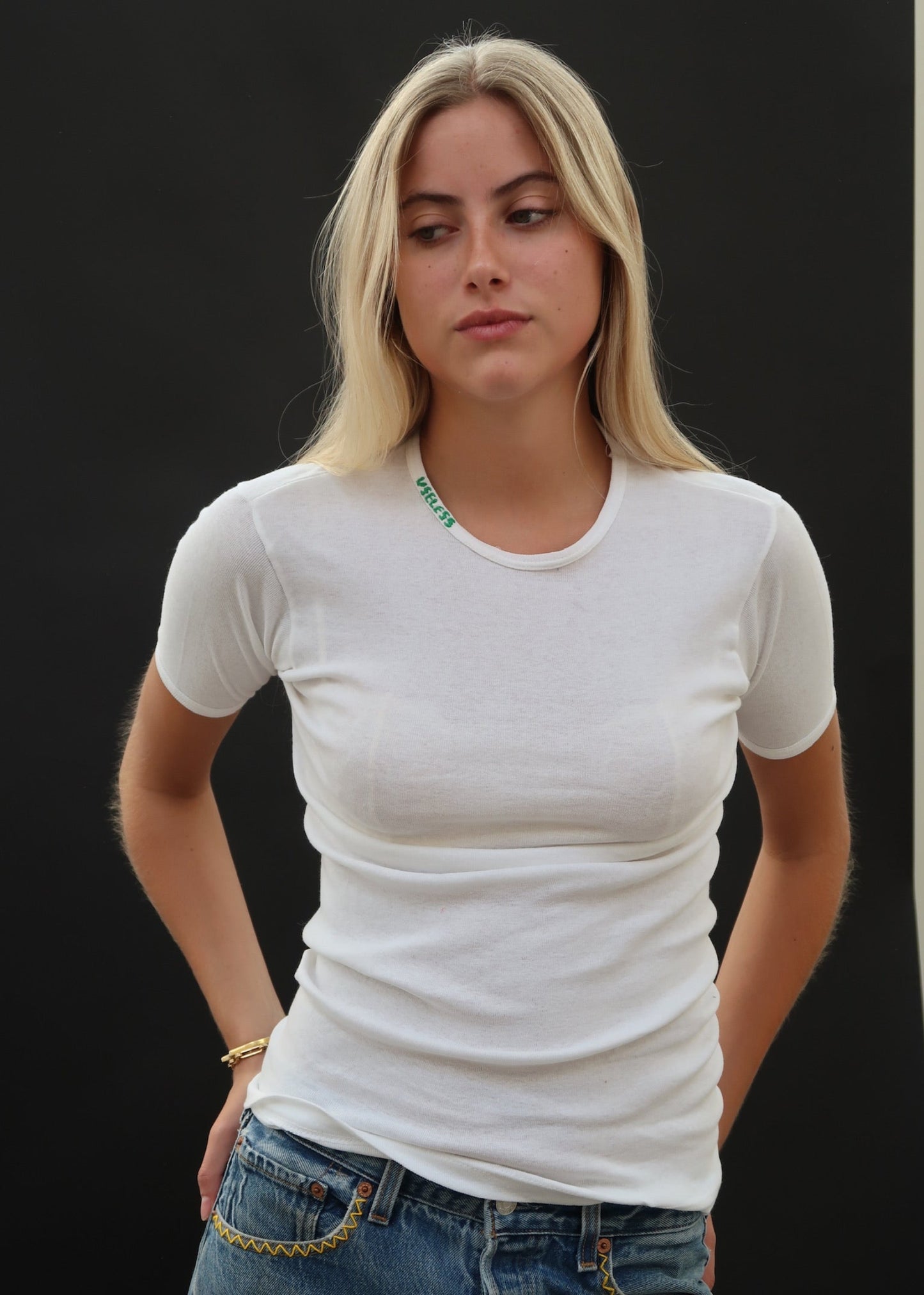 White T Shirt with Green Embroidery