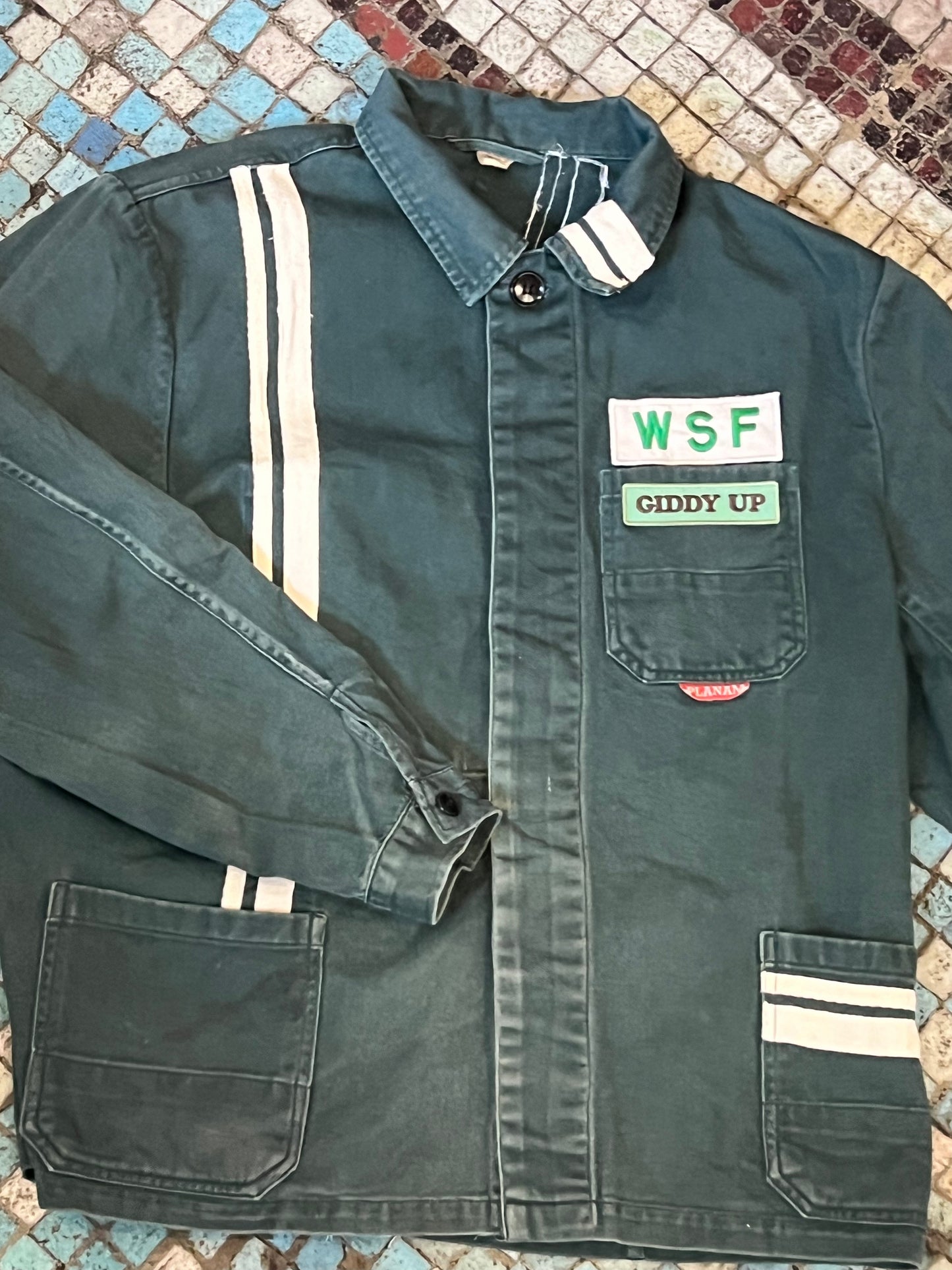 019. Dark Green Workwear Jacket White Stripes