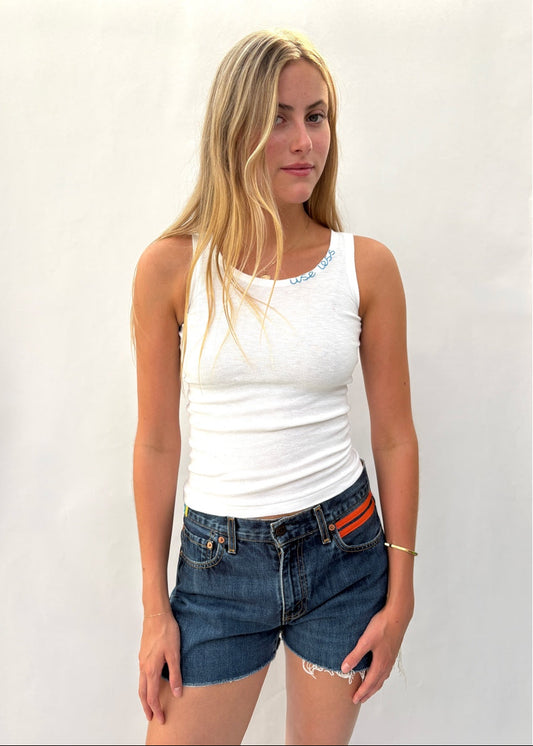 010. White Tank Neckline Logo Blue