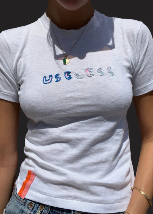 White T Shirt Blue Two Tone Embroidery