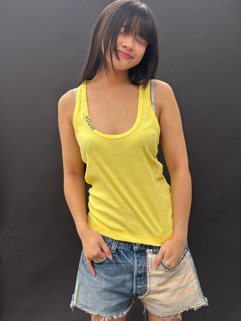 Bright Yellow Racer Back Tank with Colour Embroidery