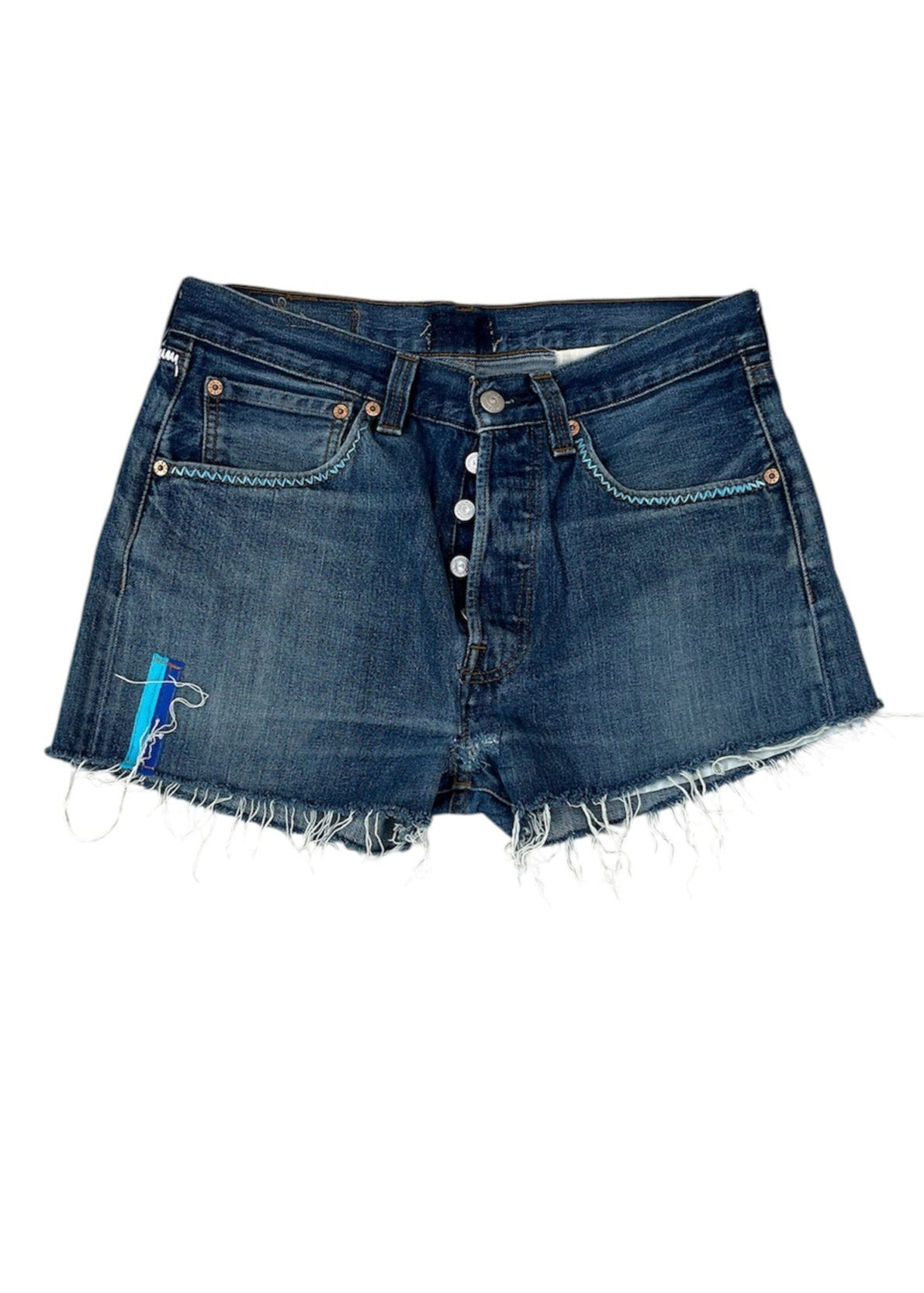 Levi's Dark Wash Cut-Offs with Blue Gingham Patch