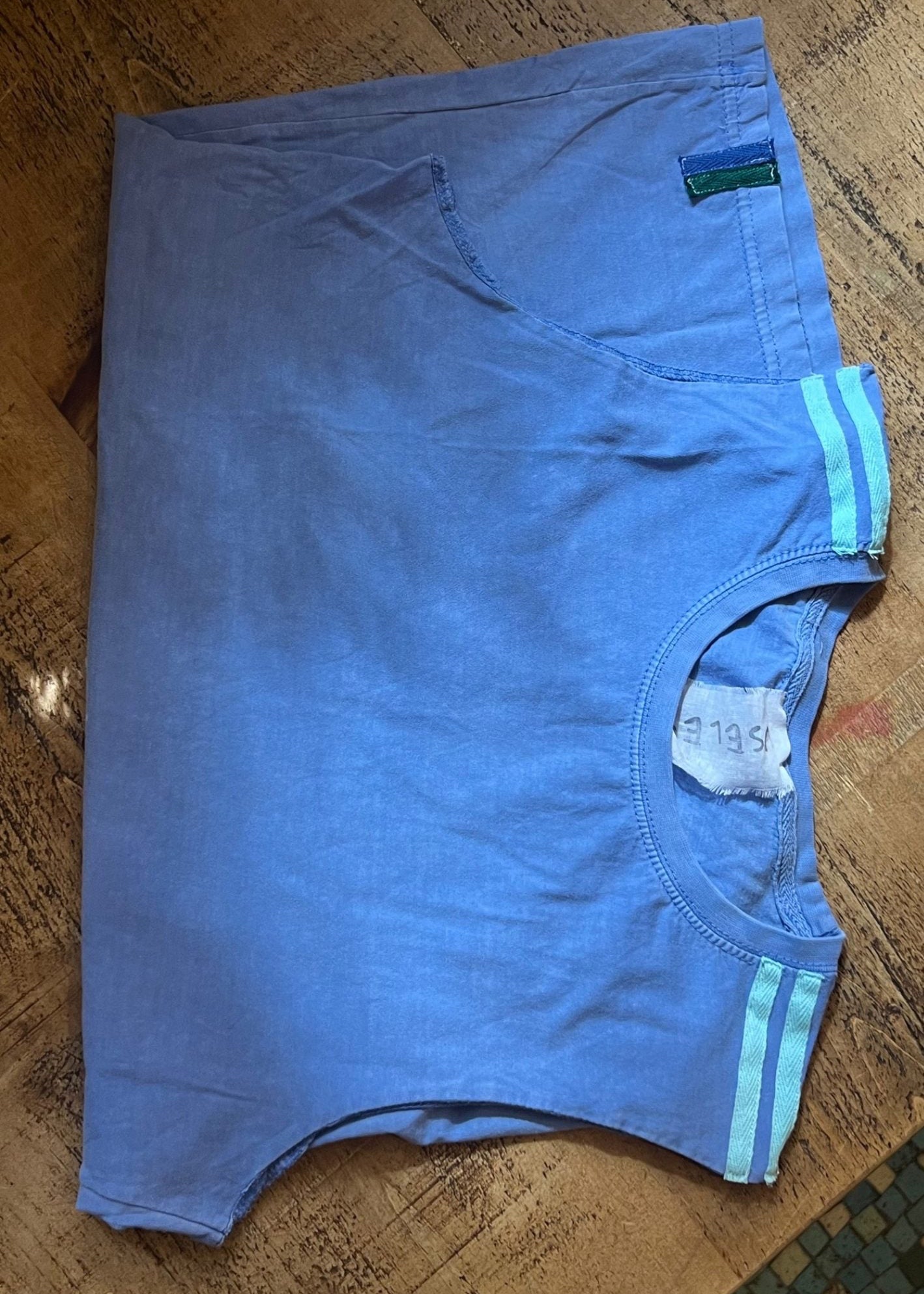 028. Blue Tank With Tape Appliqué