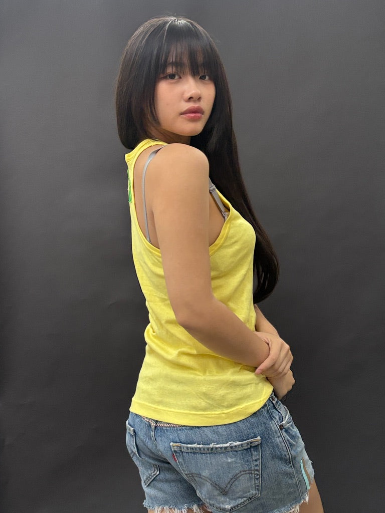 Bright Yellow Racer Back Tank with Colour Embroidery