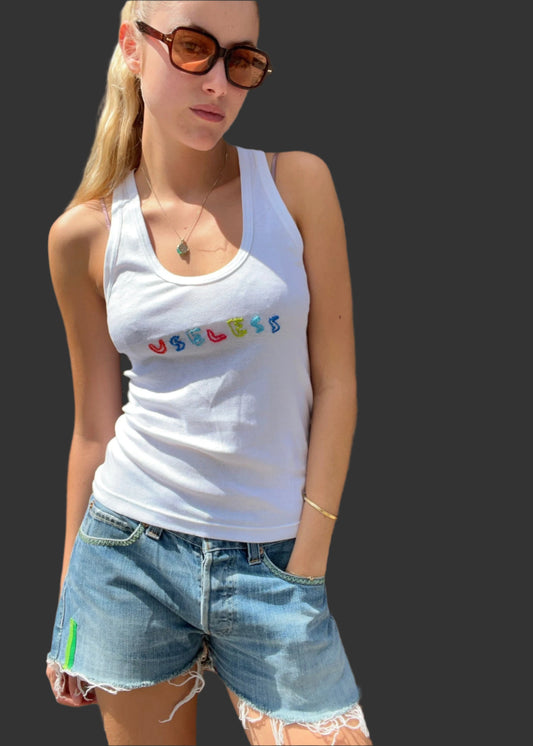 70s White Tank with Hand Embroidered Motif