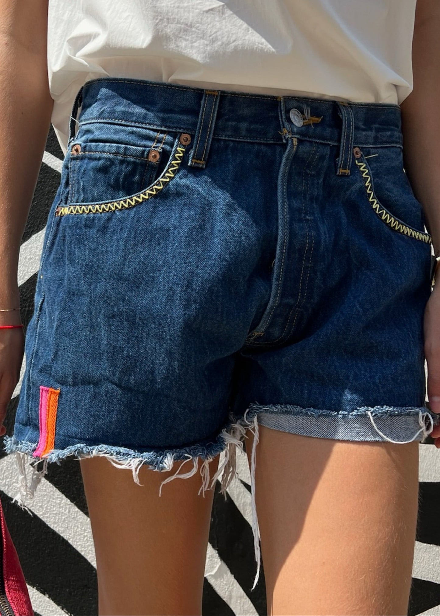 Levi's Dark Wash Cut-Offs Pink and Orange Tabs