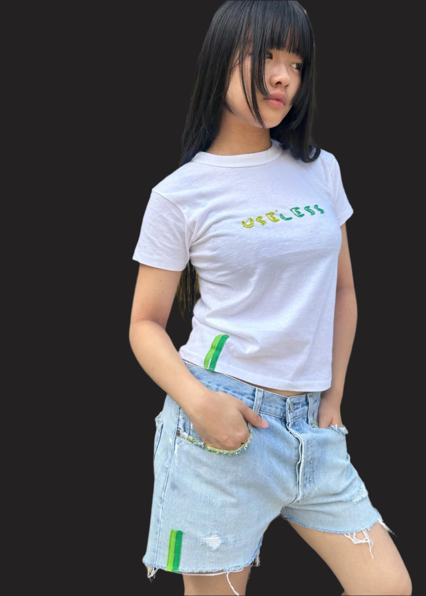 White T Shirt Green/Green Embroidery