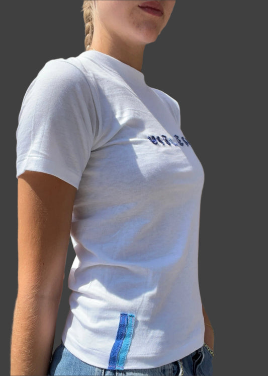 White T Shirt Blue/Blue Embroidery + Blue Tab