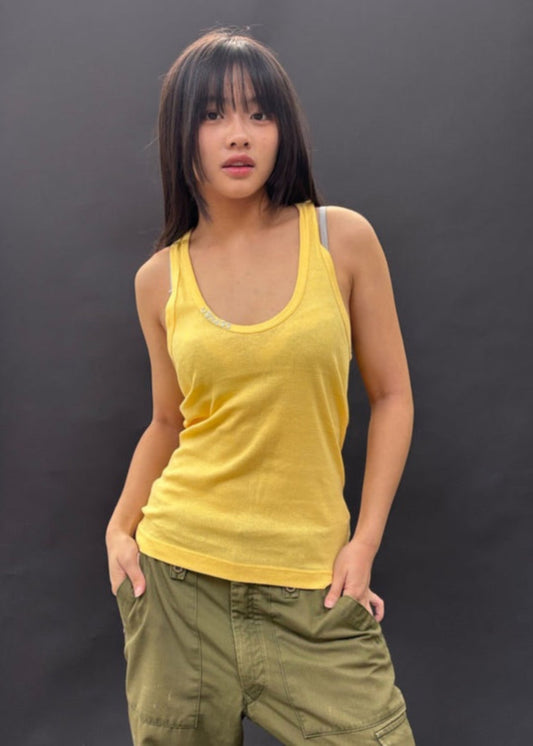 Yellow Racer Back Tank with Colour Embroidery