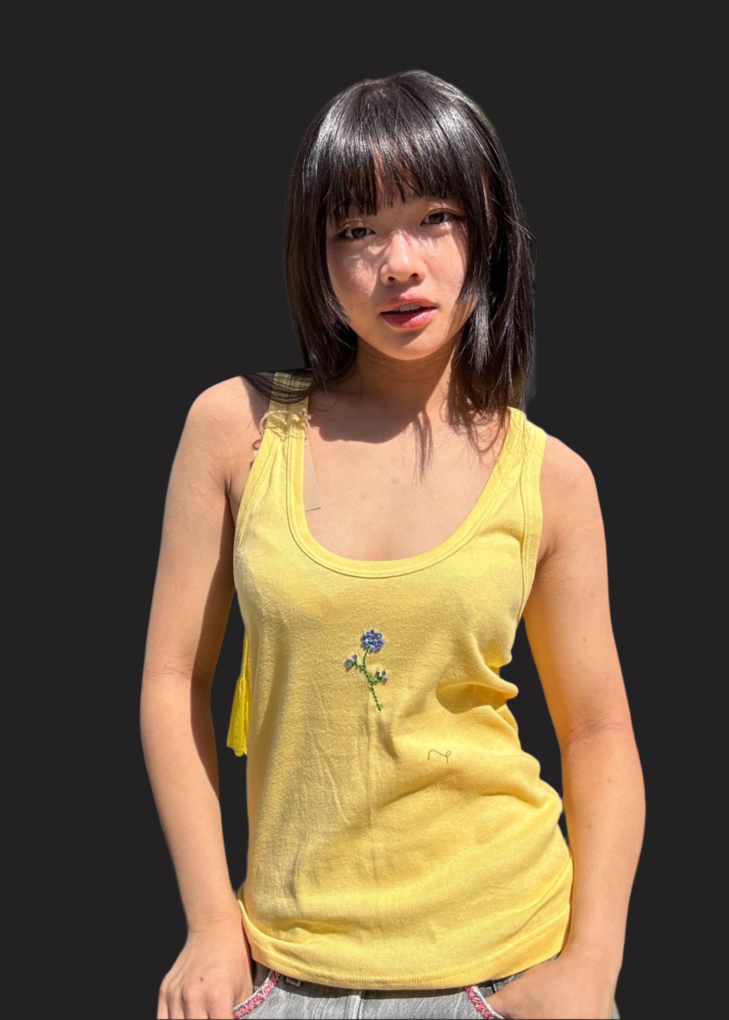 Yellow Racer Back Tank + Floral Embroidery