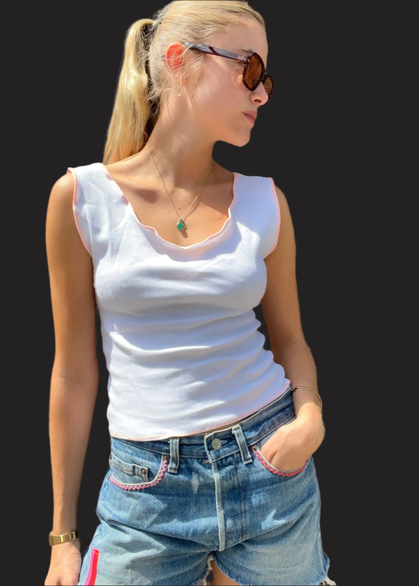 White T Shirt with Neon Zig Zag Stitch