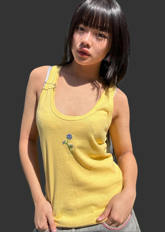 Yellow Racer Back Tank + Floral Embroidery