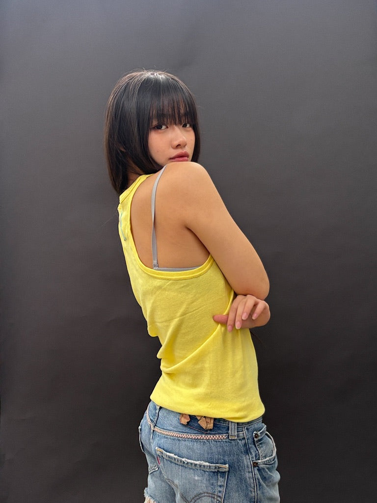 Bright Yellow Racer Back Tank with Colour Embroidery