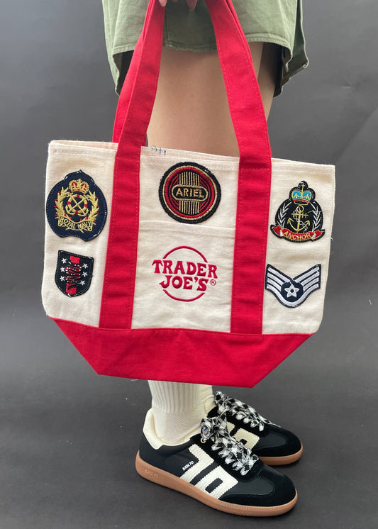 Vintage-Patched Trader Joes Tote S/M Red