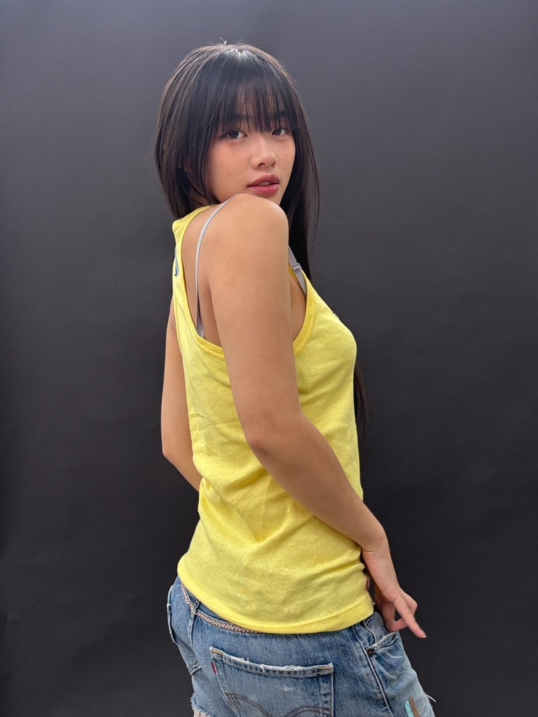 Bright Yellow Racer Back Tank with Colour Embroidery