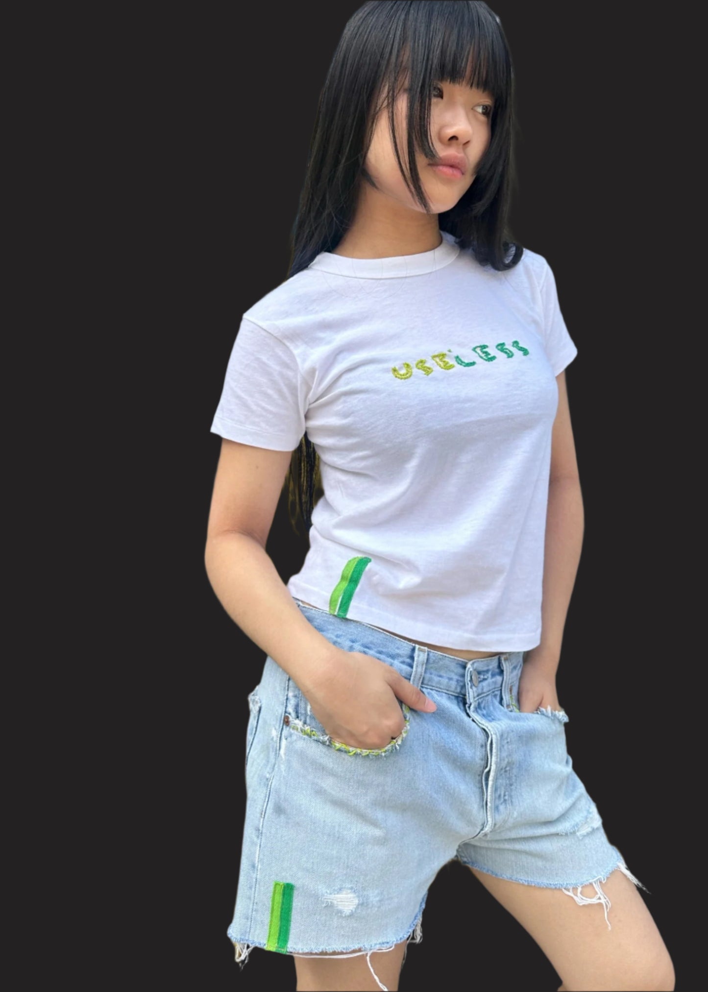 White T Shirt Green/Green Embroidery