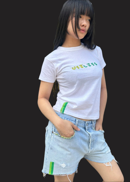 White T Shirt Green/Green Embroidery