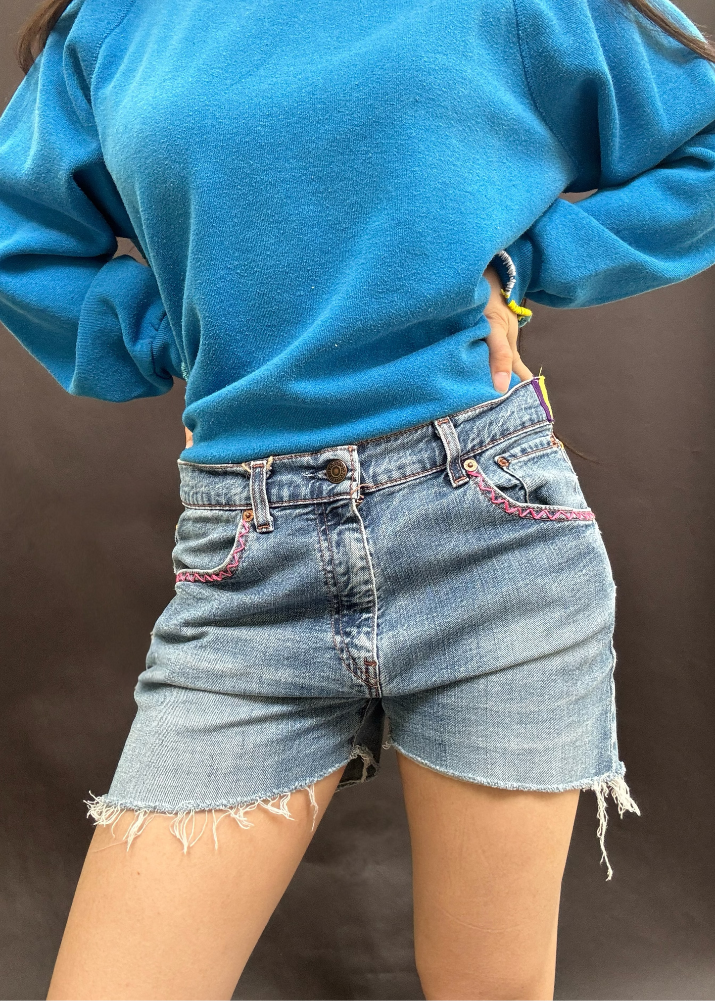 Zig Zag Levi's Cut Offs with Useless Chain Stitch
