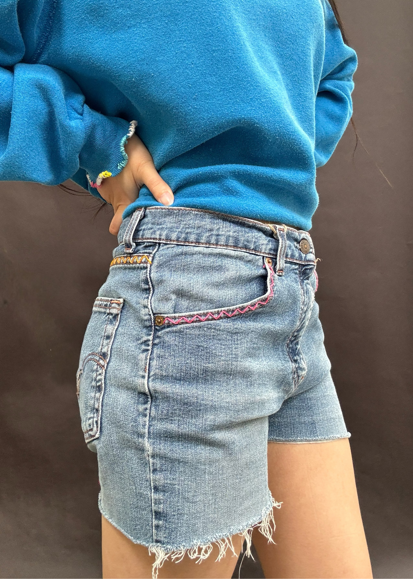 Zig Zag Levi's Cut Offs with Useless Chain Stitch