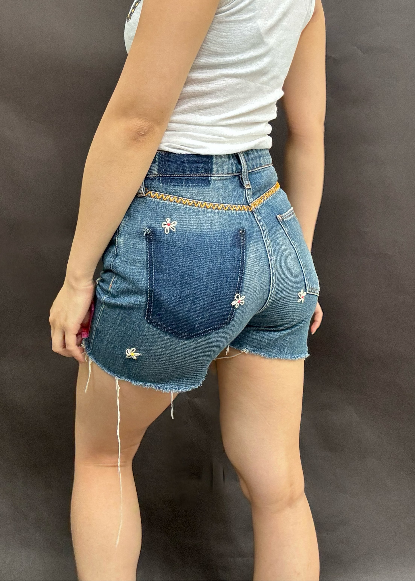 Zig Zag Levi's Cut Offs with Embroidered Daisies