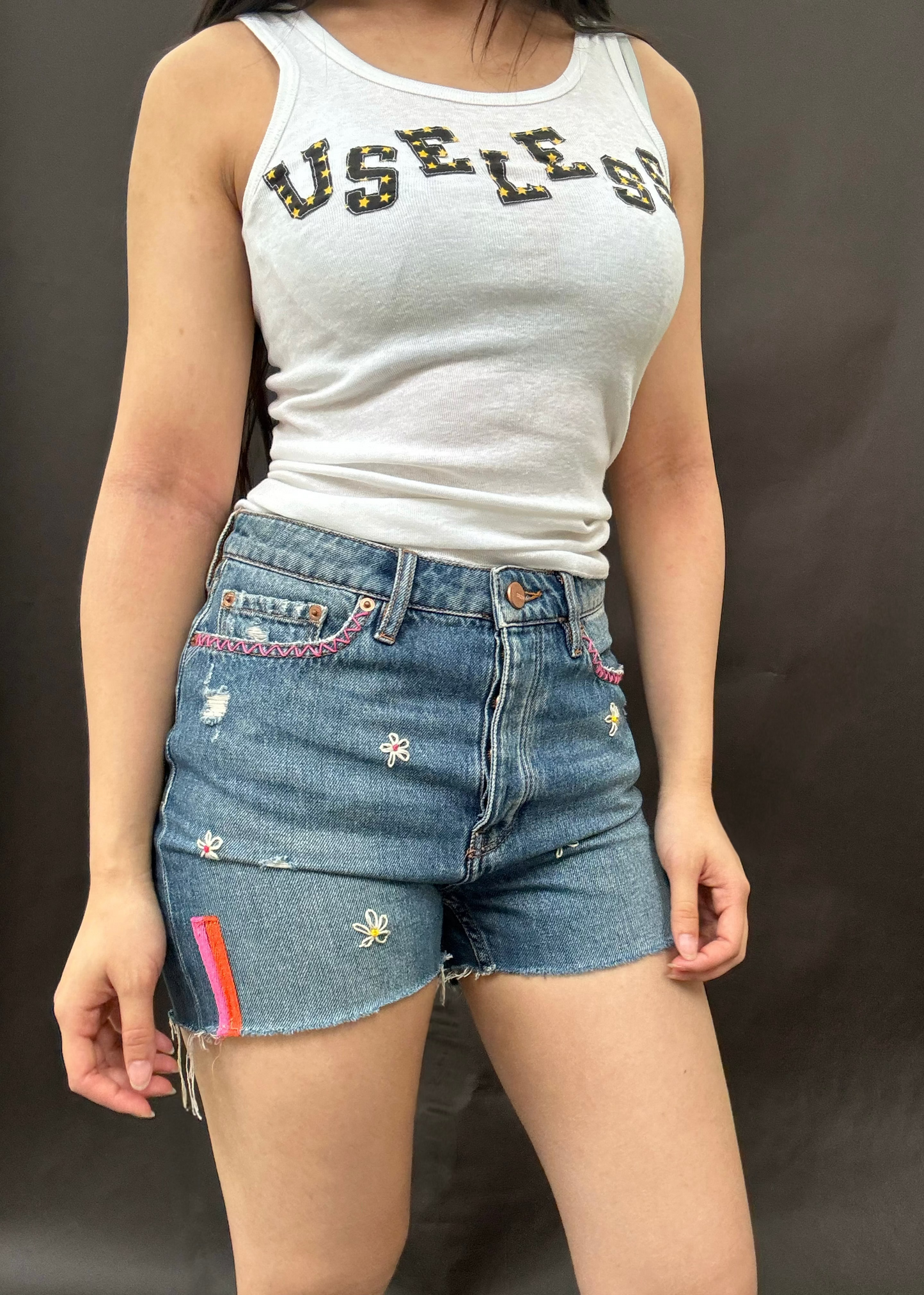 Zig Zag Levi's Cut Offs with Embroidered Daisies