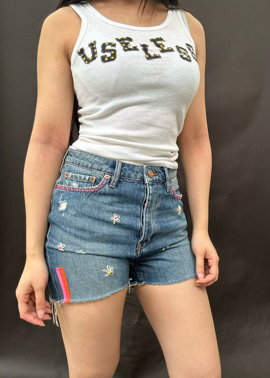 Zig Zag Levi's Cut Offs with Embroidered Daisies