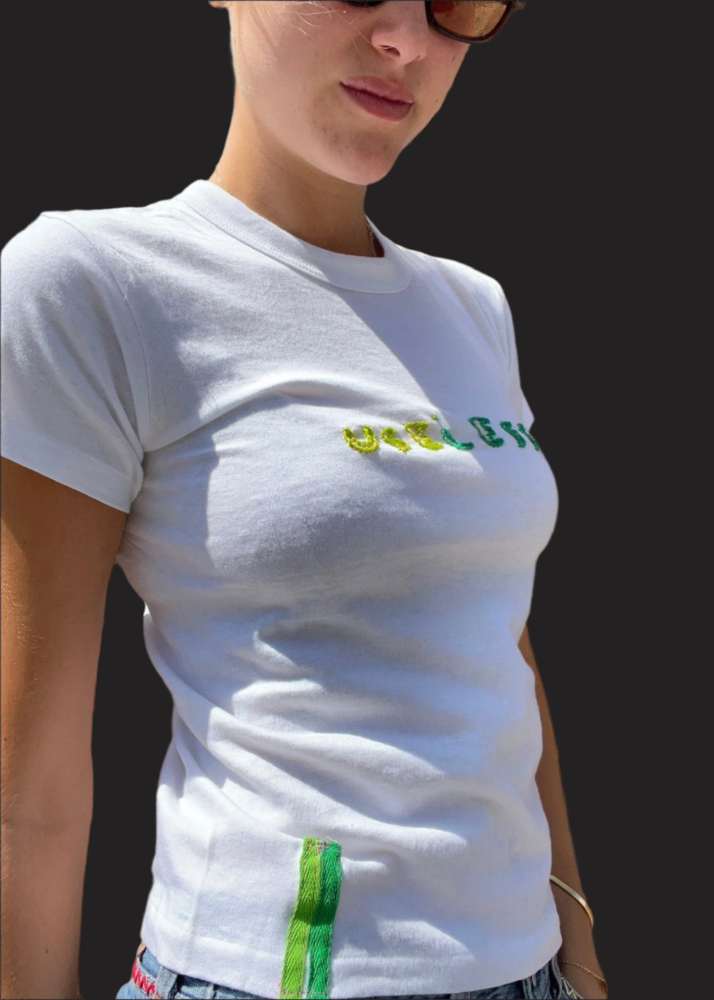 White T Shirt Green/Green Embroidery