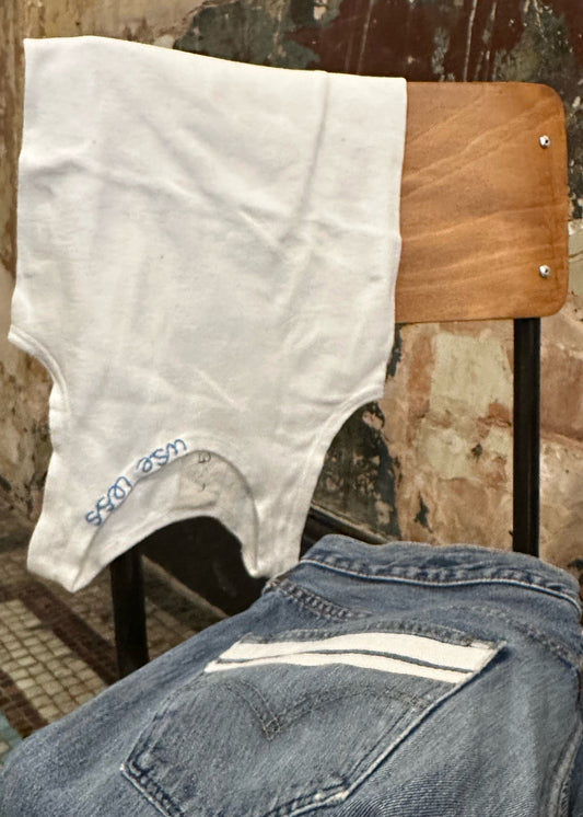 010. White Tank Neckline Logo Blue