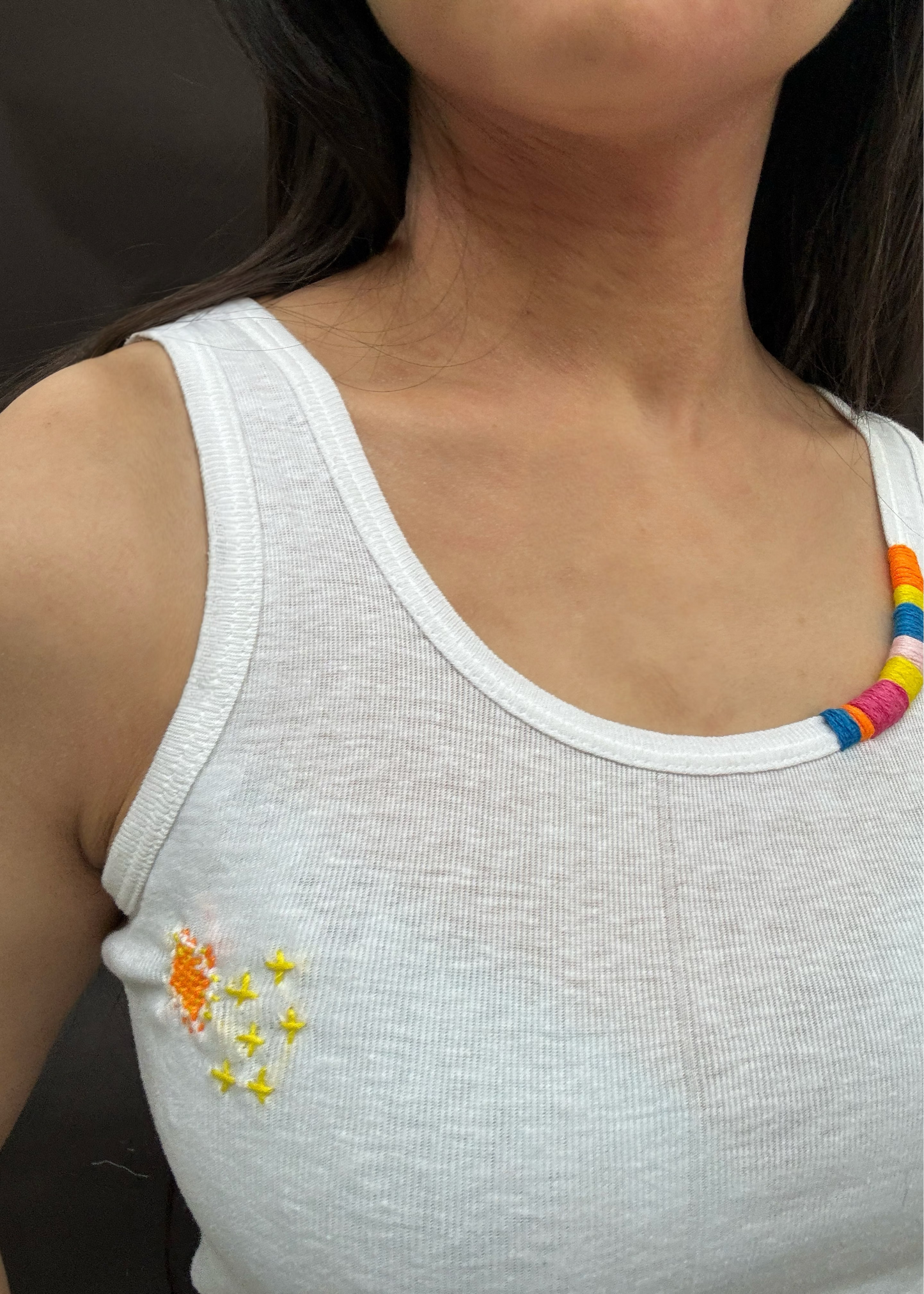 White Tank With Embroidered Neckline and Darning