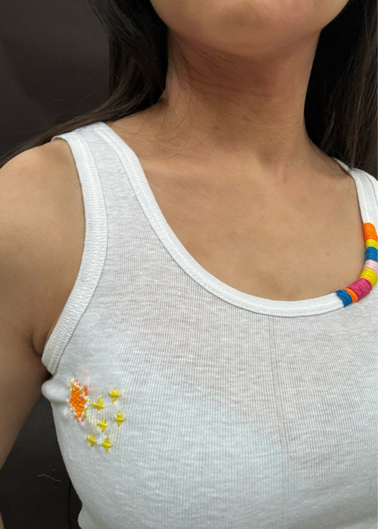 White Tank With Embroidered Neckline and Darning