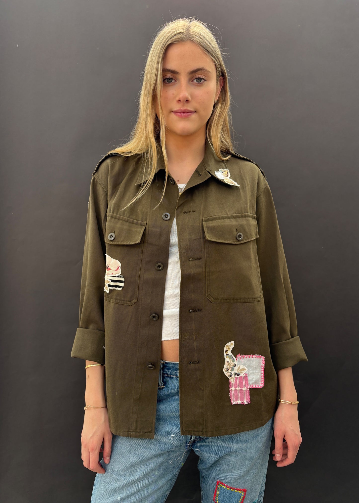 Army Shirt with Floral Patches