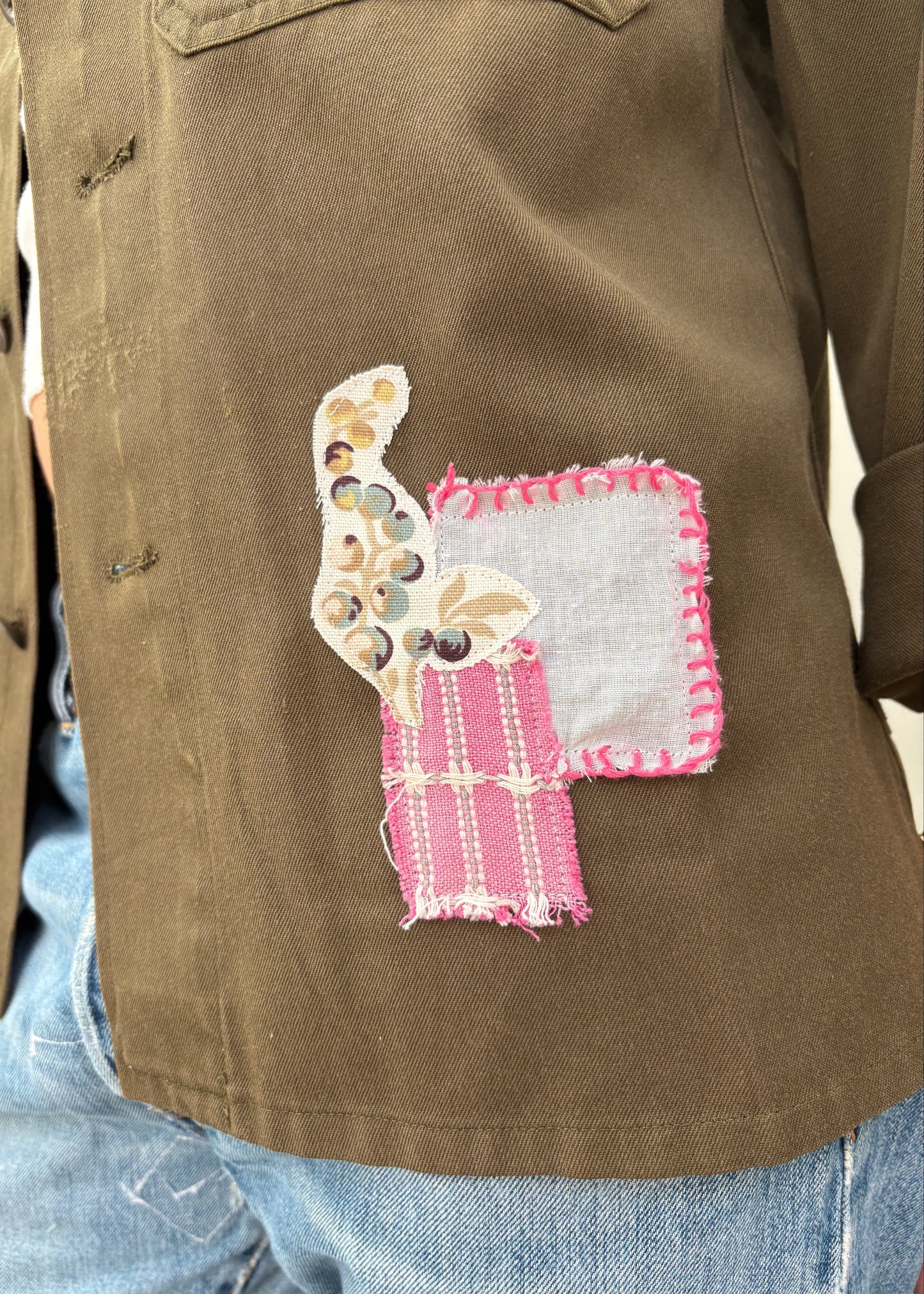 Army Shirt with Floral Patches