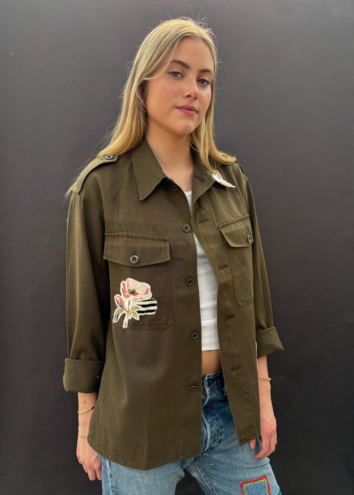 Army Shirt with Floral Patches