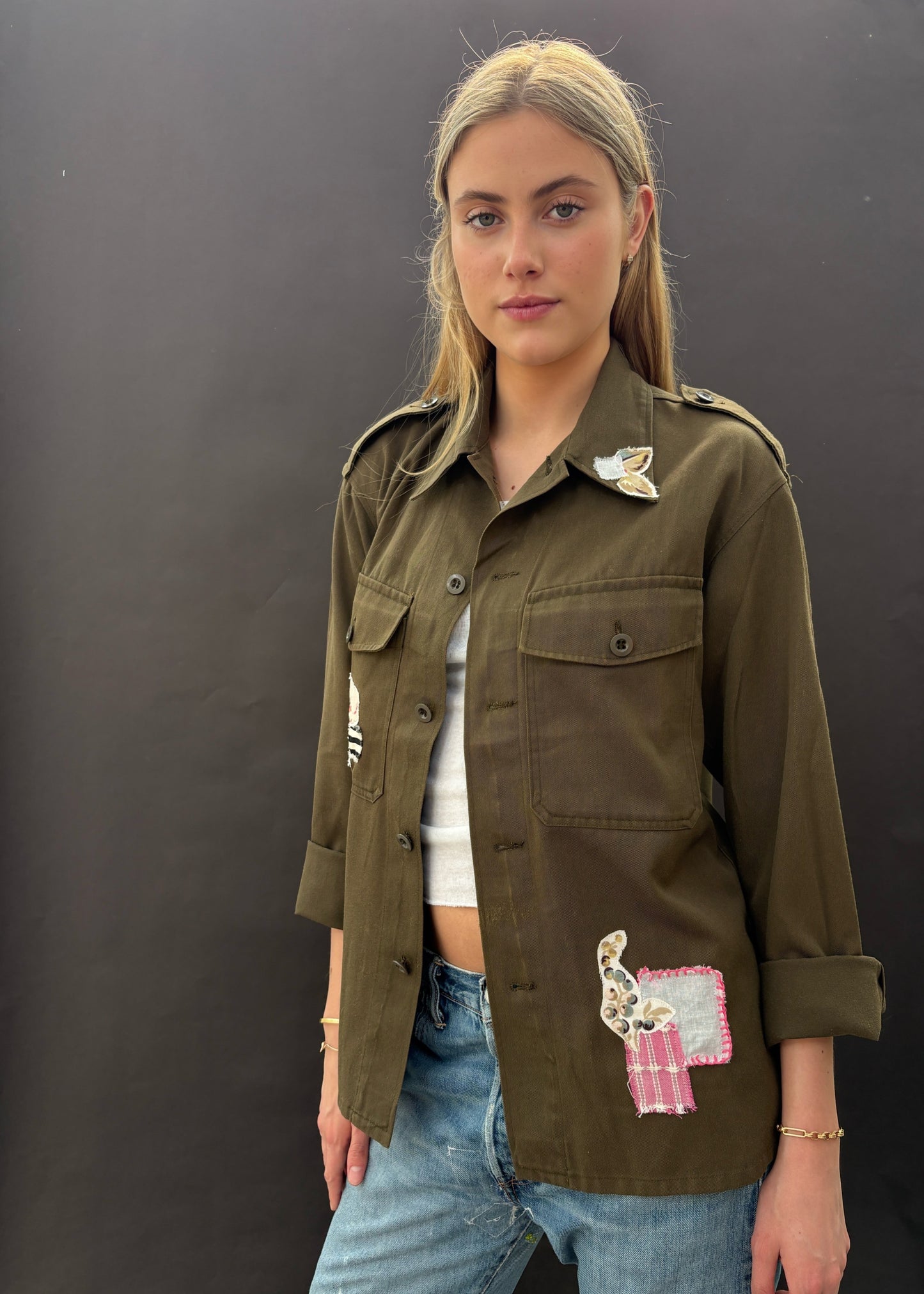 Army Shirt with Floral Patches