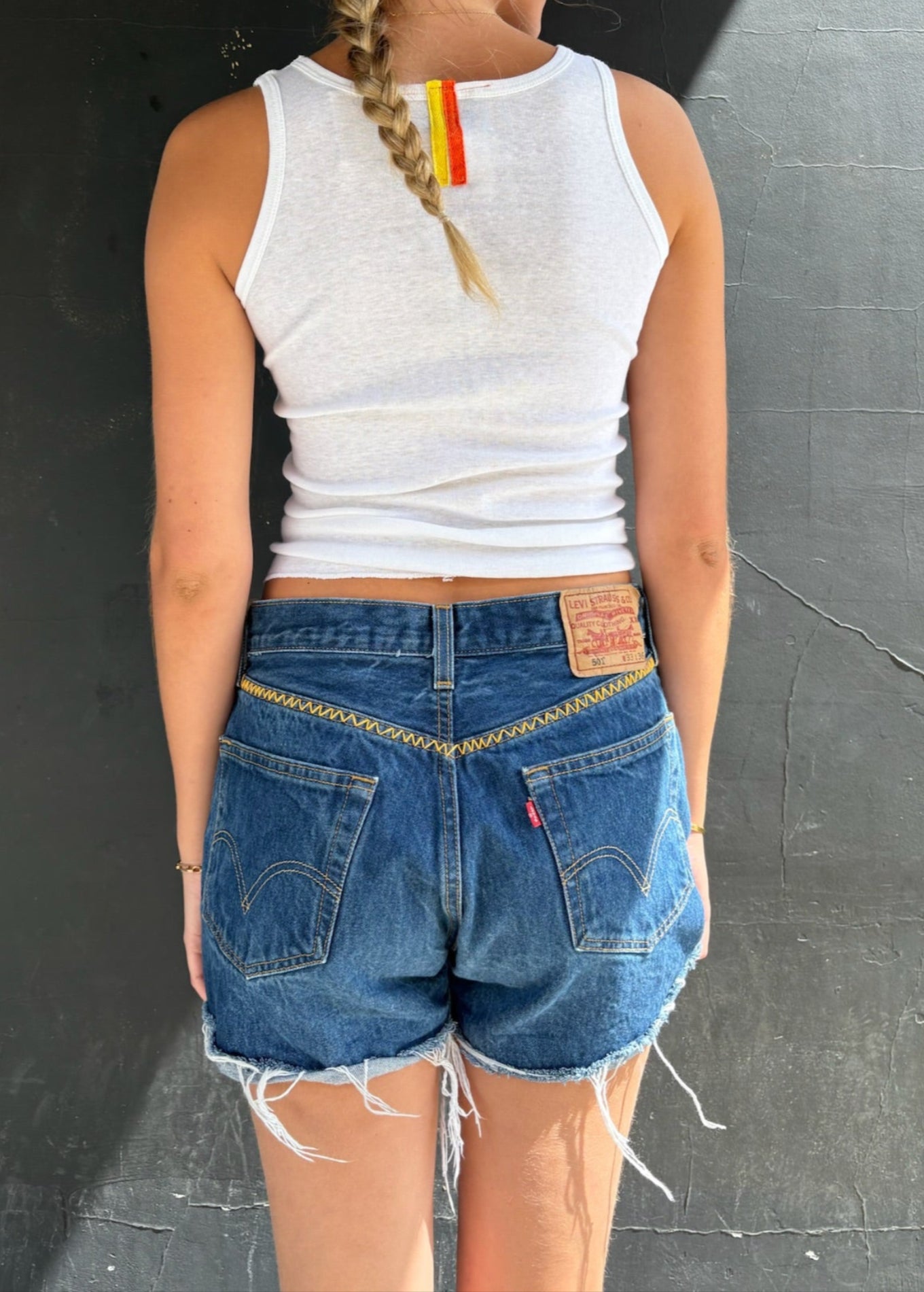 Levi's Dark Wash Cut-Offs Pink and Orange Tabs