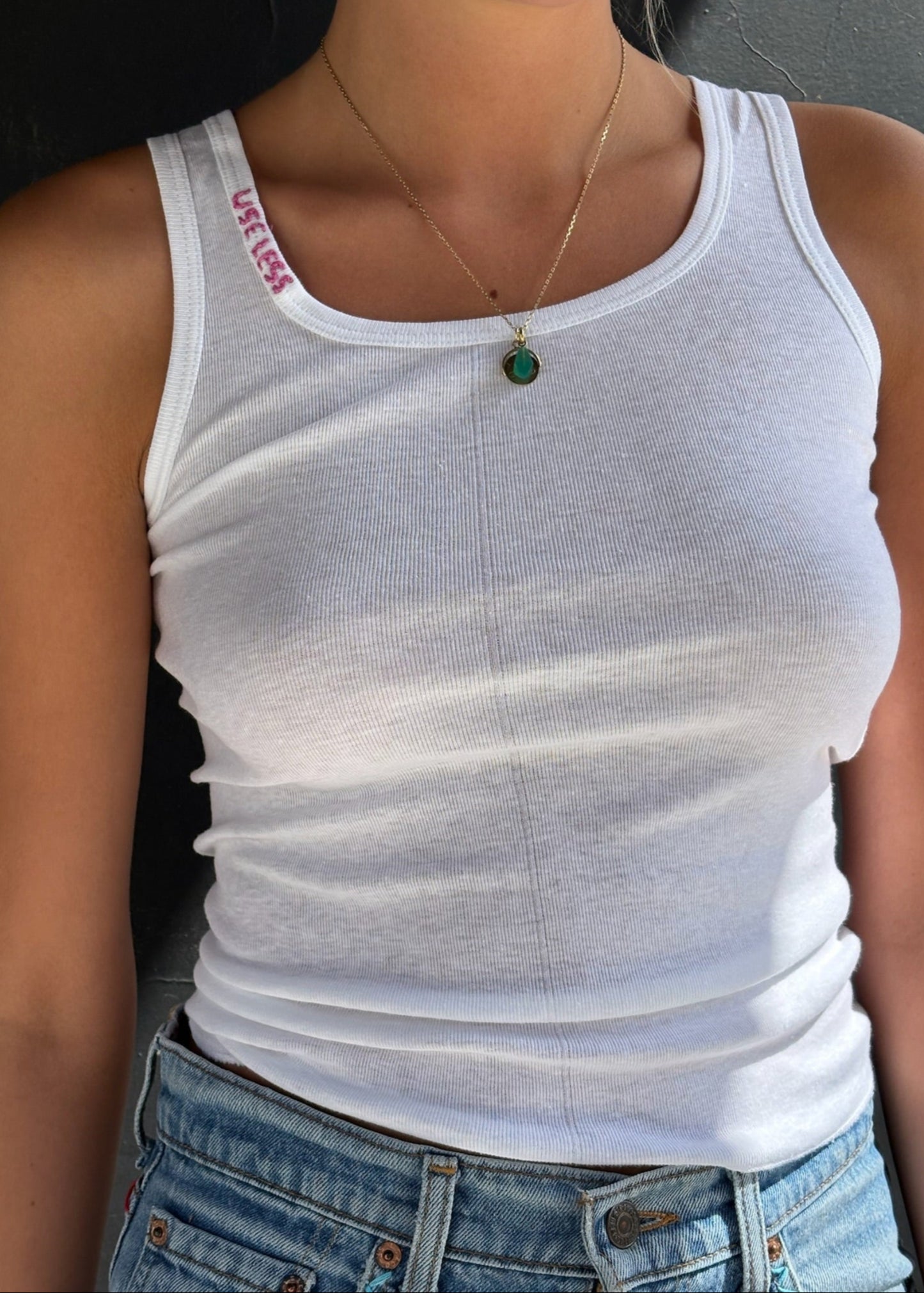White Tank With Pink Stitch Logo