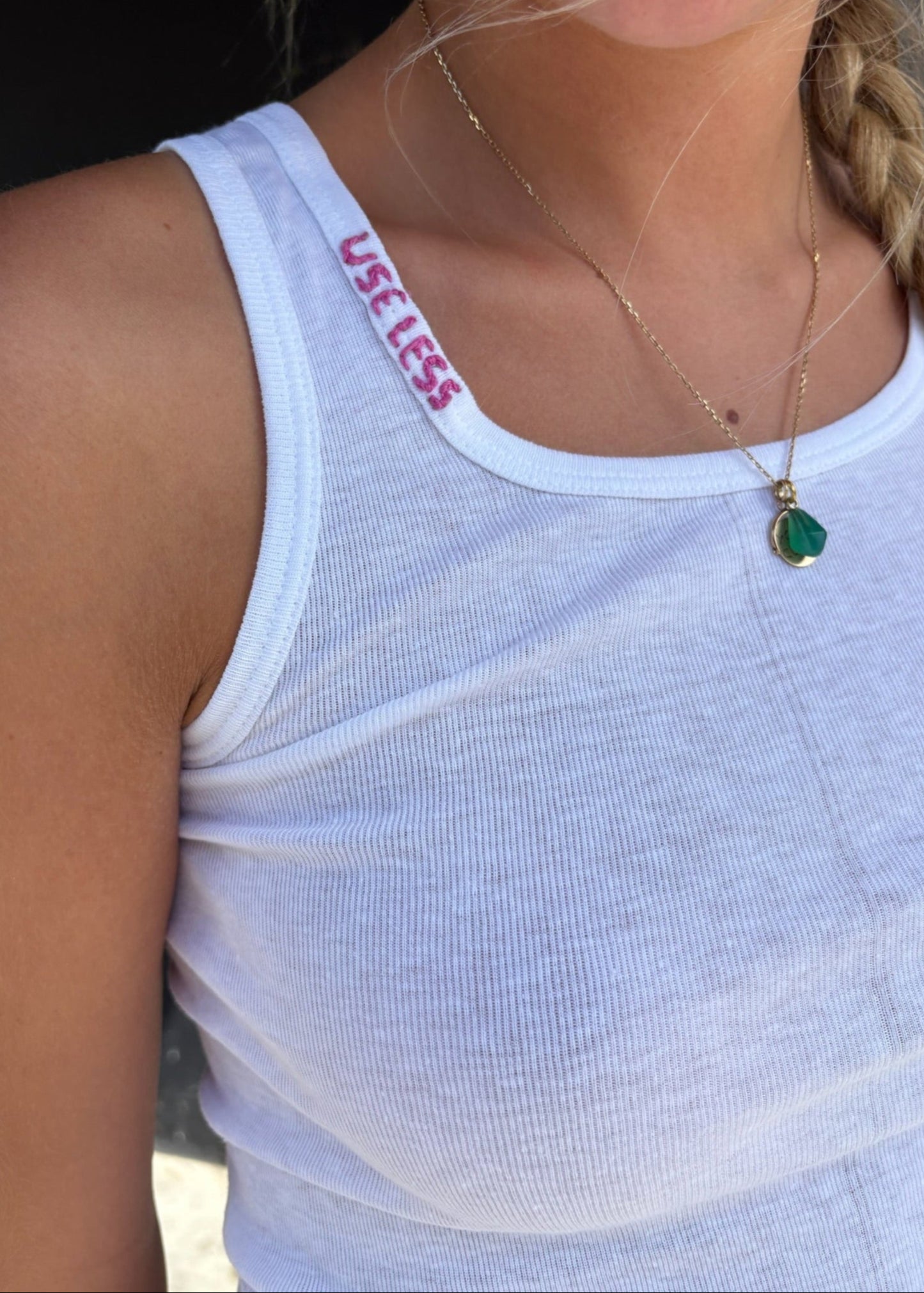 White Tank With Pink Stitch Logo