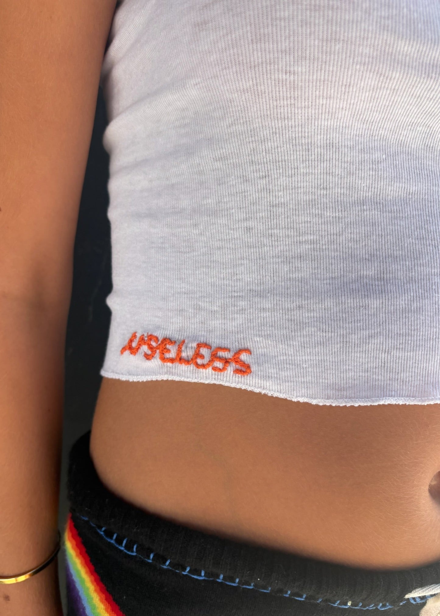 White Baby Tank with Orange Embroidery